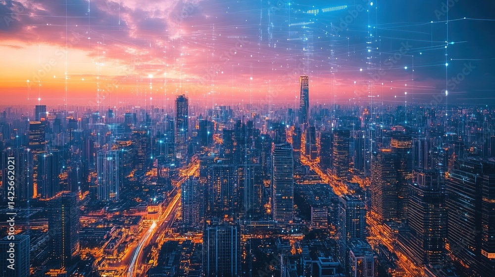 Fototapeta premium Digital Cityscape at Sunset