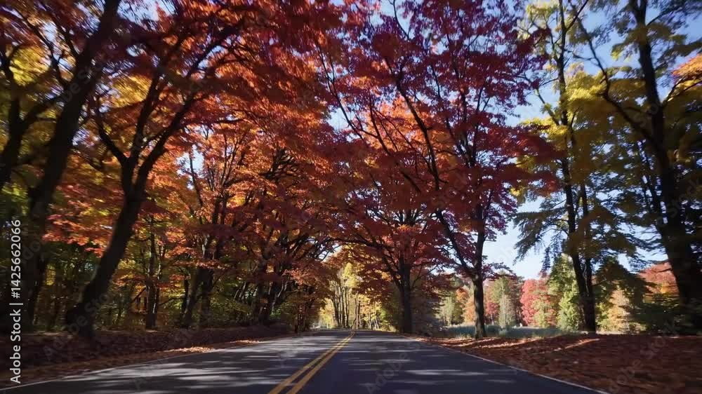 A beautiful road with deep autumnal trees on both sides, Forest road A beautiful road with deep autumnal trees on both sides, Forest road