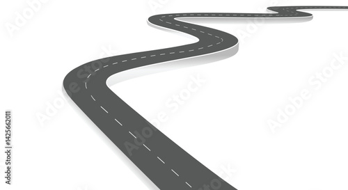 Winding road isolated on white background. Disappearing into the distance. The two-lane road with lane markings. Conceptual image. 3d rendering 
