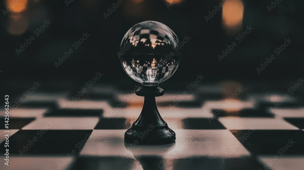 A glass orb reflecting a chess board and its environment A glass orb reflecting a chess board and its environment
