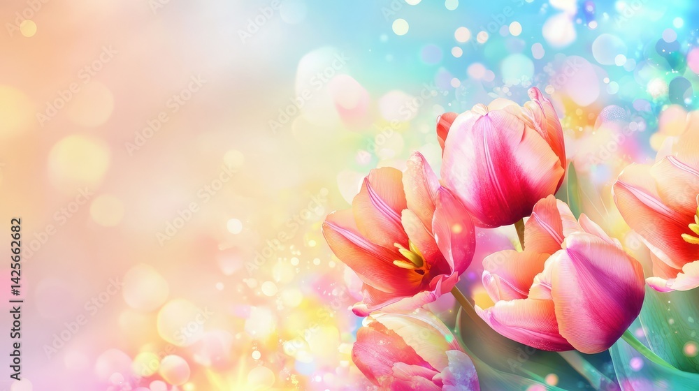 Obraz premium Blooming tulip in pastel tones with soft bokeh spring background