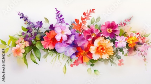 Artistic watercolor composition of flowers and leaves in an airy arrangement