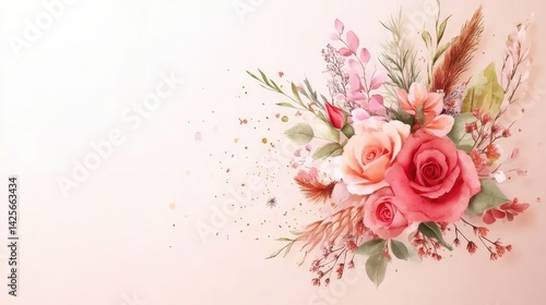 Elegant square frame made from watercolor roses and foliage, light artistic style