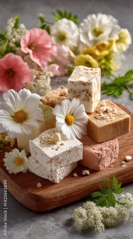 Intricate soap bars with floral designs and dried flowers rest on a wooden tray, showcasing their natural beauty and artistry Intricate soap bars with floral designs and dried flowers rest on a wooden tray, showcasing their natural beauty and artistry