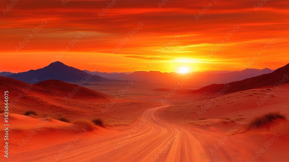 Fototapeta premium Desert sunset vista. Dramatic red sand road winding through mountains under a fiery sky