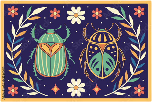 Two Stylized Scarab Beetles Illustration Insect Anatomy and Nature Art