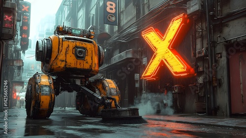 Cyberpunk Robot Knight Glowing Neon Alley Night Scene Image
