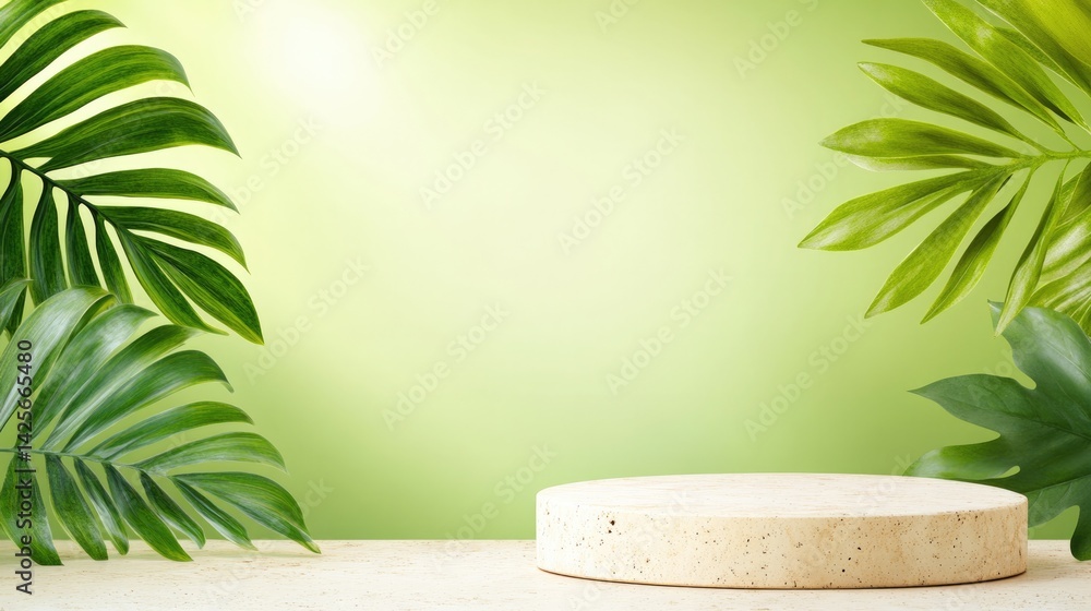 Natural stone and concrete podium with tropical greenery for product display and eco-friendly design concepts Natural stone and concrete podium with tropical greenery for product display and eco-friendly design concepts
