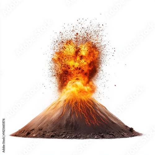 A dramatic close-up shows a powerful volcanic eruption isolated on a stark white background showcasing the intense fiery blast radius and texture of the volcanic cone with ash and