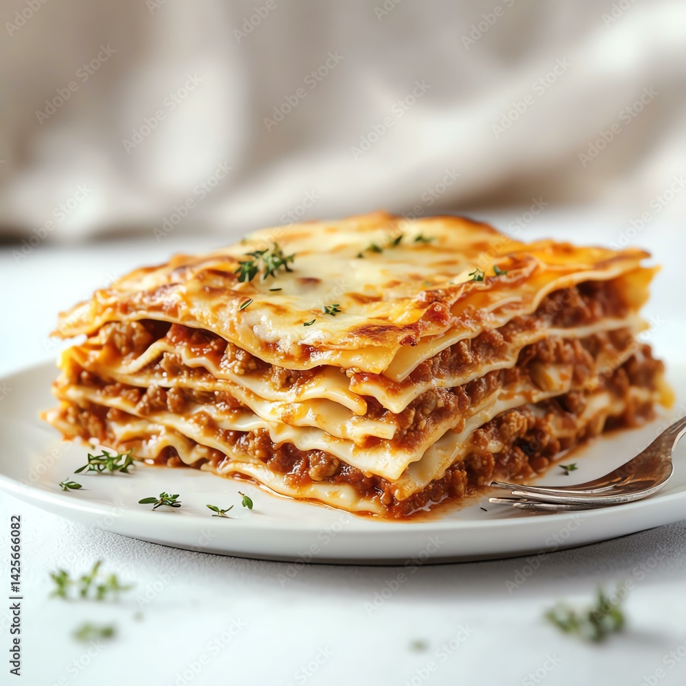 Layered Lasagna with Meat Sauce and Melted Cheese on White Plate Layered Lasagna with Meat Sauce and Melted Cheese on White Plate