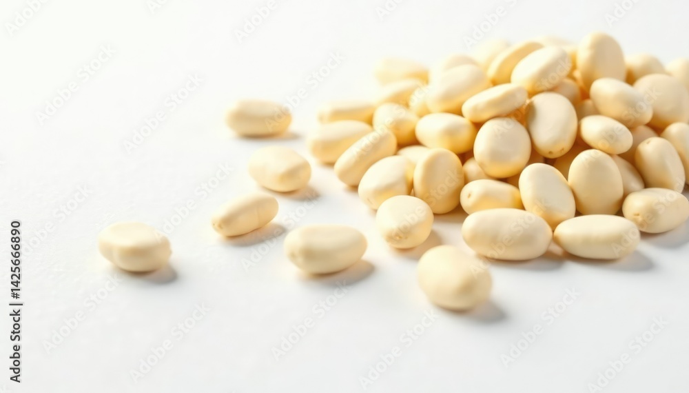 Scattered white beans on pristine white background, beans, tabletop, ingredient Scattered white beans on pristine white background, beans, tabletop, ingredient