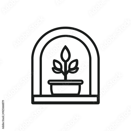 Black Line Plant Icon, Simple Plant in a Pot, Transparent Background Isolated