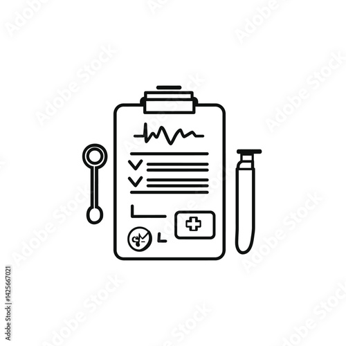 Black outline clipboard with health symbols and blood vial on white background