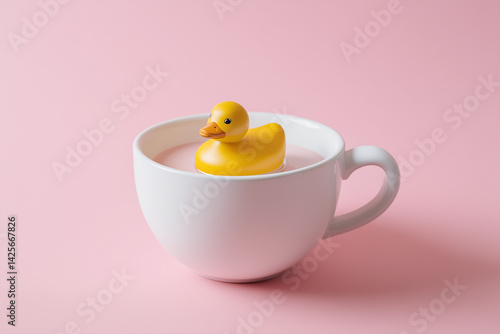 Yellow rubber duck in a white cup on a pink background. 