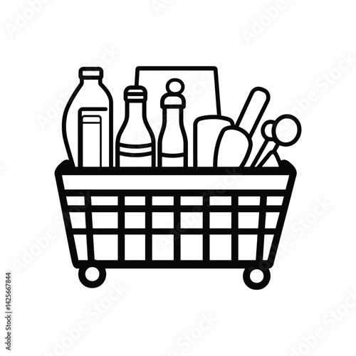 Black outline shopping cart filled with groceries isolated on transparent background