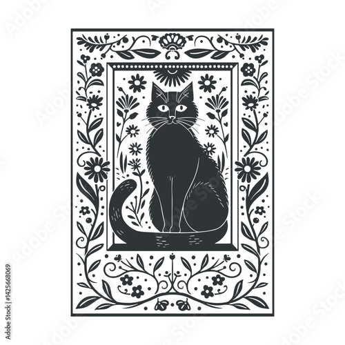 Vector linocut floral poster template with cat. Modern trendy minimal style. Black and white colors. Botanical blockprint. Design for wallpaper, wall decor, print, postcard, cover, template.