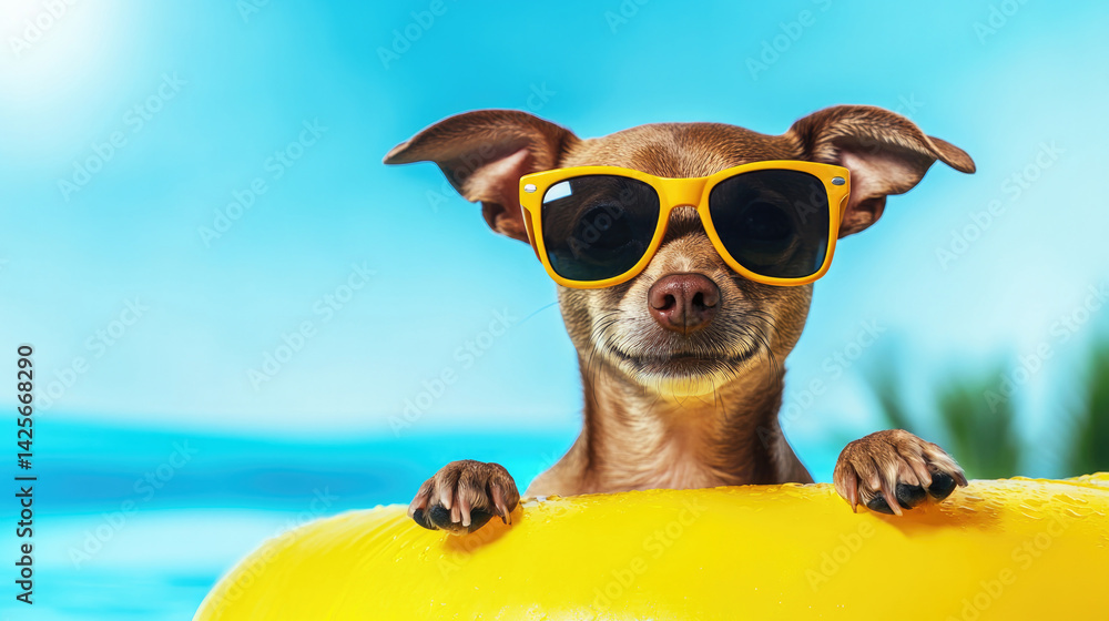 Fototapeta premium Playful brown chihuahua in sunglasses enjoying a summer pool day for fun and relaxation