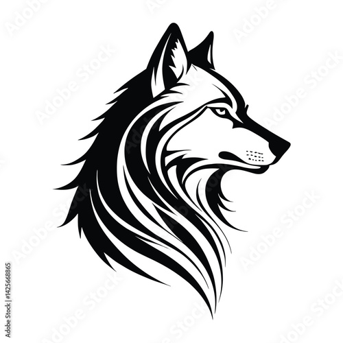 Wolf Head Silhouette: A majestic wolf's head is showcased in striking black and white, its intense gaze and artistic detail captured in an illustrative silhouette.