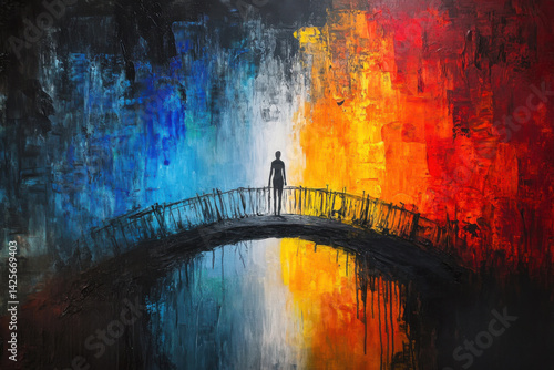 Person standing on bridge between duality painting