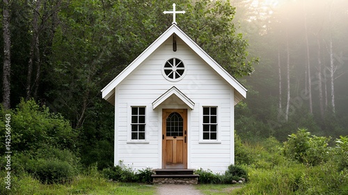 White Wooden Chapel in a Misty Green Forest
