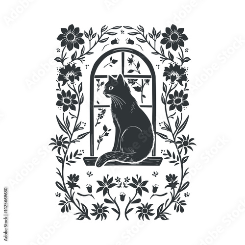 Vector linocut floral poster template with cat. Modern trendy minimal style. Black and white colors. Botanical blockprint. Design for wallpaper, wall decor, print, postcard, cover, template.
