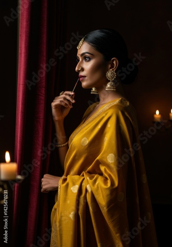 Indian woman in gold saree with traditional jewelry portrait photography