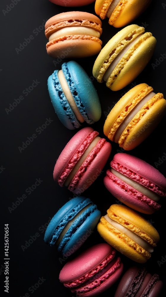Rainbow Macarons on Black Canvas: A vibrant assortment of delicate, pastel-colored macarons arranged artfully against a deep black background, showcasing their perfect round shape. Rainbow Macarons on Black Canvas: A vibrant assortment of delicate, pastel-colored macarons arranged artfully against a deep black background, showcasing their perfect round shape.