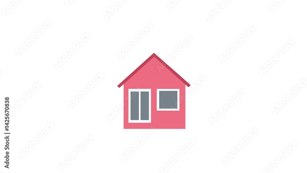 Red colorful architectural infographic animation icon with technical house drawing, animated construction lines and details on clean white interface, 4k motion graphic