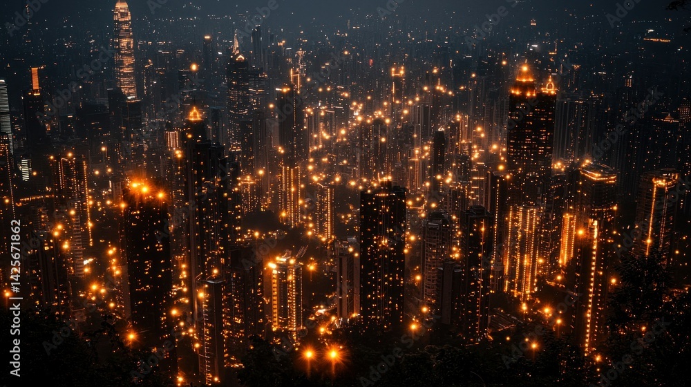 An aerial nighttime view of a lit urban cityscape An aerial nighttime view of a lit urban cityscape