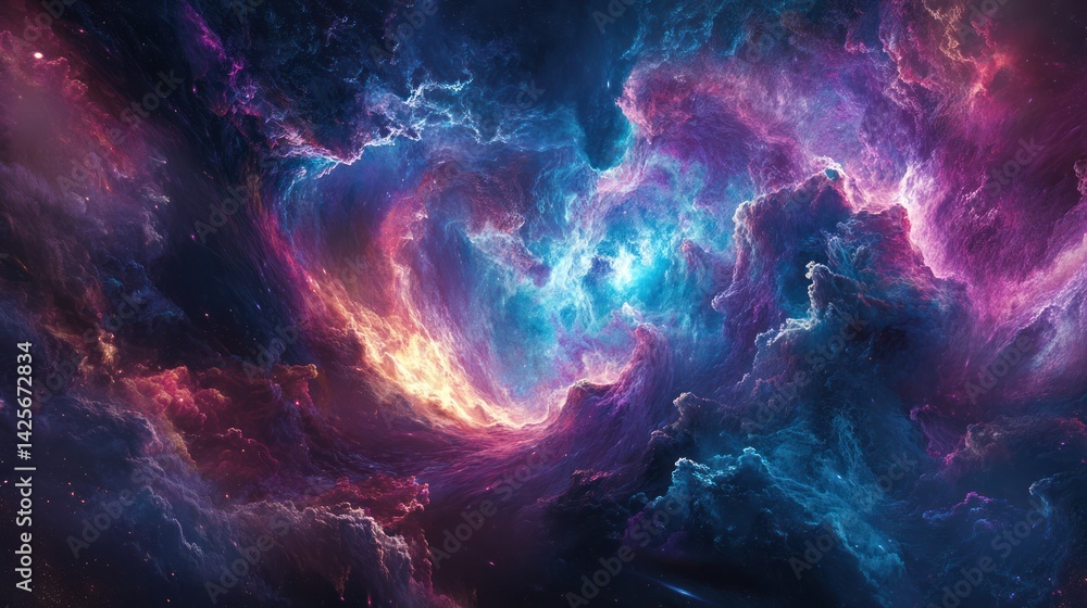 Beautiful vibrant cosmic nebula swirling within dark space background Beautiful vibrant cosmic nebula swirling within dark space background