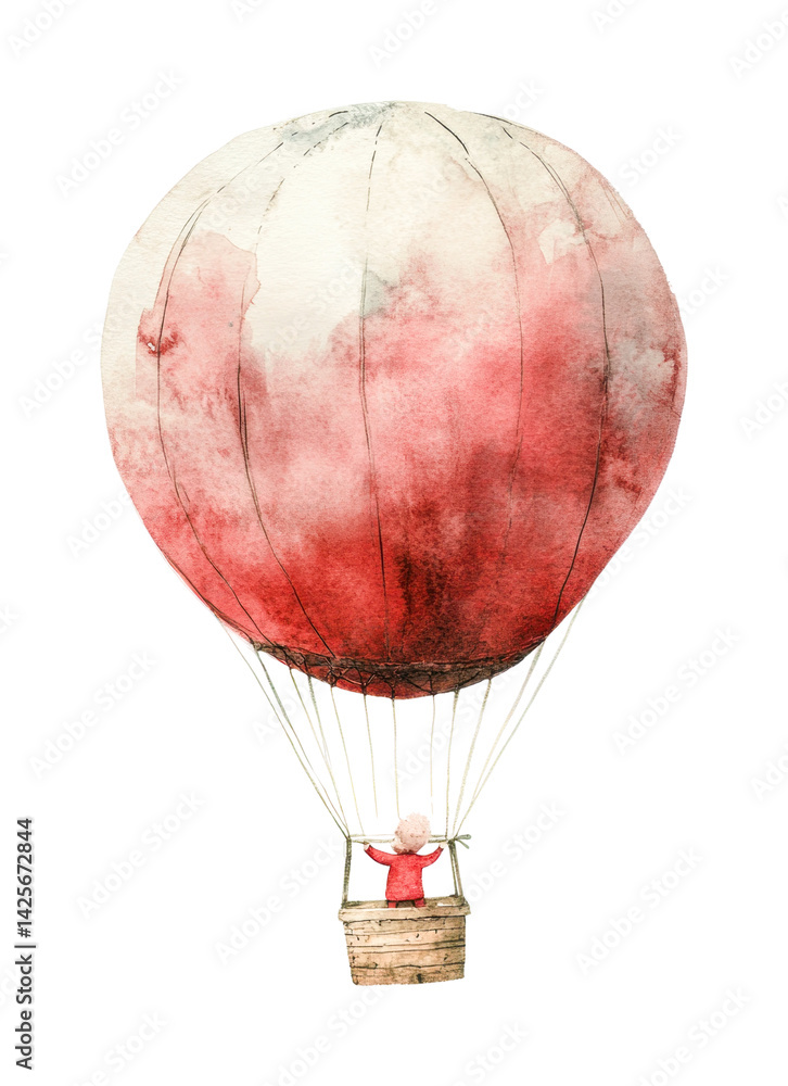 Obraz premium Whimsical child in hot air balloon journey with red watercolor balloon, cut out - stock png.