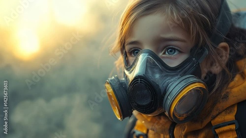 Girl wears gas mask for protection against allergens in outdoor setting