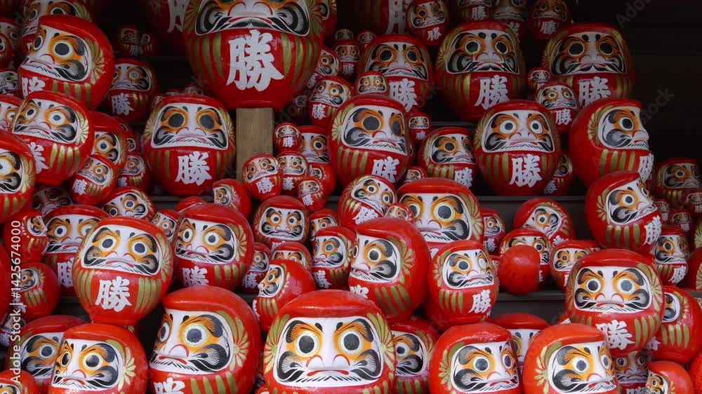 Slow cinematic dolly in toward Daruma dolls at Katsuoji shrine in Japan Slow cinematic dolly in toward Daruma dolls at Katsuoji shrine in Japan