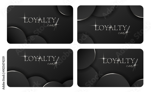 Loyalty cards set. Elegant Black business card with silvery 3d text, balls, lines, spheres. Modern bonus card with metallic realistic elements. Vector illustration for vip, gift certificate