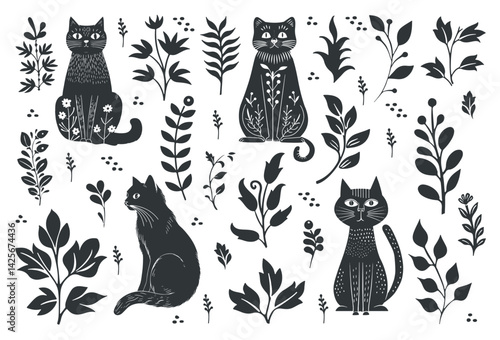 Vector linocut poster template with cats. Modern trendy minimal style. Black and white colors. Botanical blockprint. Design for wallpaper, wall decor, print, postcard, cover, template.