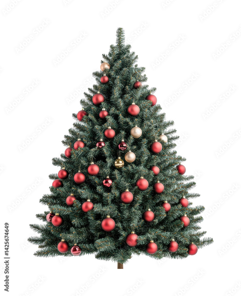 Decorated christmas tree with red and gold ornaments, cut out - stock png. Decorated christmas tree with red and gold ornaments, cut out - stock png.
