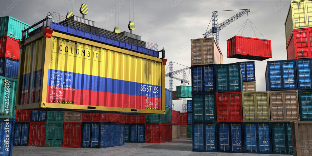 Fototapeta premium Cargo container with flag of Colombia lifted by crane at freight terminal - 3D illustration