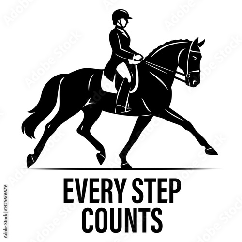 Equestrian rider on a dressage horse in black and white vector style