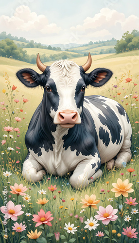 A gentle watercolor cow lying in a flower-filled meadow, with soft black-and-white patches and a pastel countryside background.