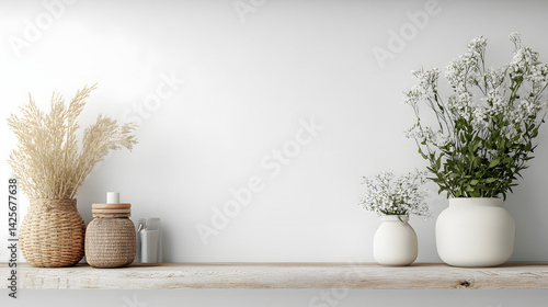 Elegant floral arrangements on a wooden shelf white background indoor decor minimalist style
