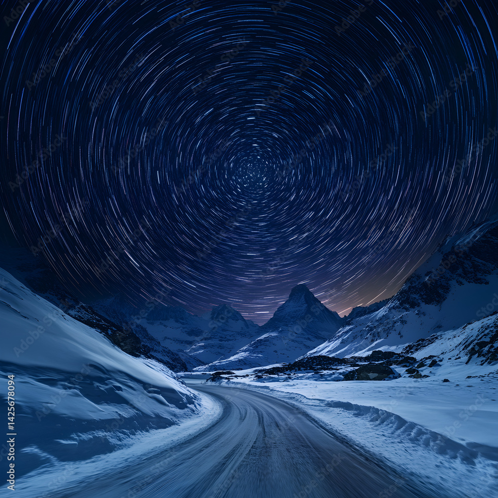 Fototapeta premium Celestial Symphony Over the Alps: Witness the mesmerizing dance of stars in a breathtaking long exposure photograph, illuminating the majestic alpine landscape below.