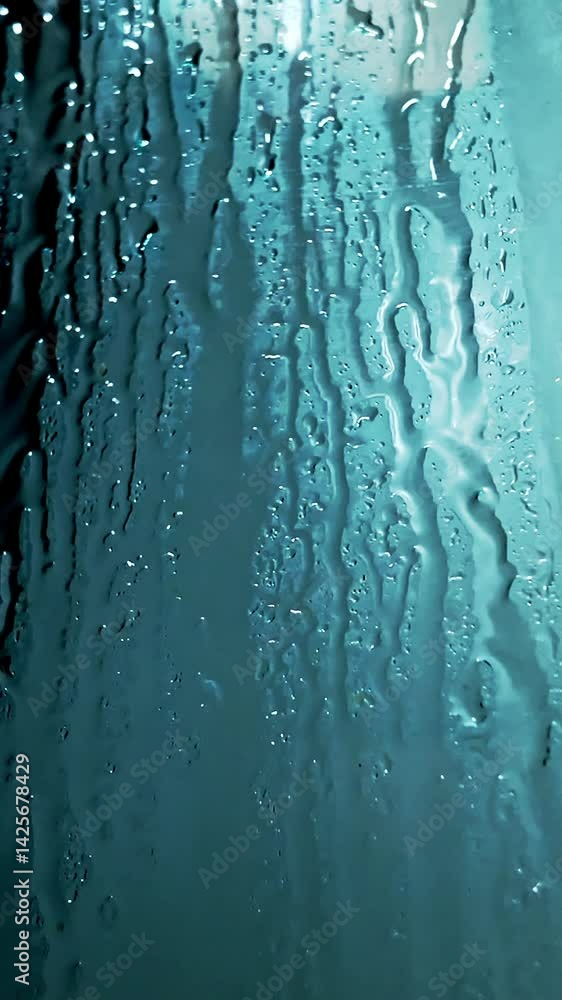 Water drop Patterns Run Down Shower Cubicle Glass in Abstract Motion VERTICAL Water drop Patterns Run Down Shower Cubicle Glass in Abstract Motion VERTICAL