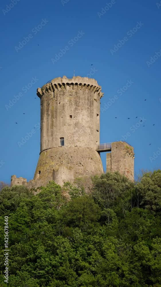 Birds flying around the ancient tower of the acropolis of Velia (Elea) in Ascea - Vertical video Birds flying around the ancient tower of the acropolis of Velia (Elea) in Ascea - Vertical video