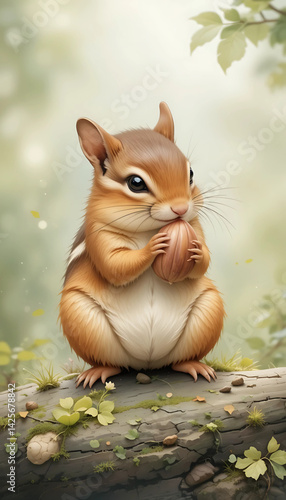 A dreamy watercolor chipmunk nibbling on a nut, sitting on a mossy log with soft earth tones and leafy background.

