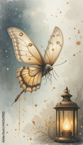 A magical watercolor moth fluttering near a lantern, with delicate wings painted in soft neutrals and golden accents.

