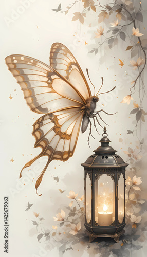 A magical watercolor moth fluttering near a lantern, with delicate wings painted in soft neutrals and golden accents.

