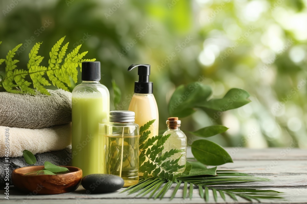 Green Wellness Products on Wooden Table with Towels and Plants Green Wellness Products on Wooden Table with Towels and Plants
