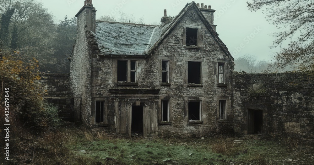 A derelict old house in the UK with crumbling stone walls, broken windows, and a haunting atmosphere A derelict old house in the UK with crumbling stone walls, broken windows, and a haunting atmosphere