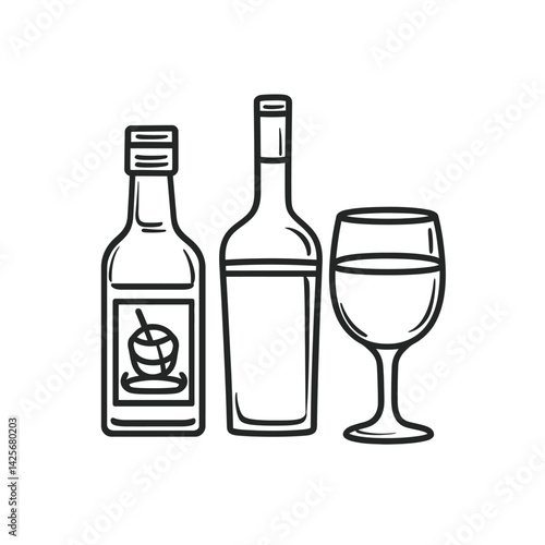 Isolated Line Art Liquor, Wine Bottle and Glass Icon on Transparent Background