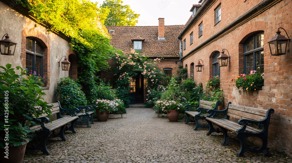 Fototapeta premium charming old fashioned garden featuring wooden seating aged bricks green leafy plants and peaceful countryside architectural details premium image europe urban beauty